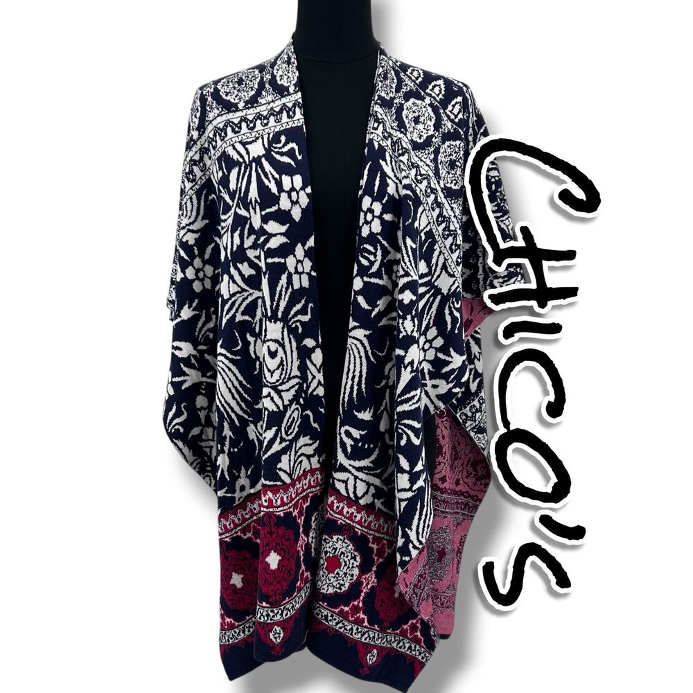 Chicos Silk Cotton Ruana Wrap OS Navy Red Floral Boho Poncho Cape Jacquard